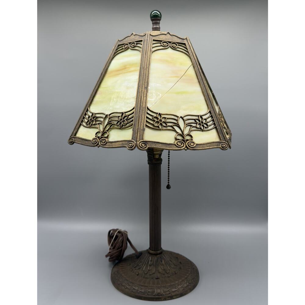 Edward Miller Slag Glass Table Lamp Art Nouveau Brass Filigree Green Finial